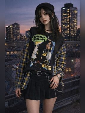 Upcycled Billie Eilish Band Tee With Plaid Sleeves